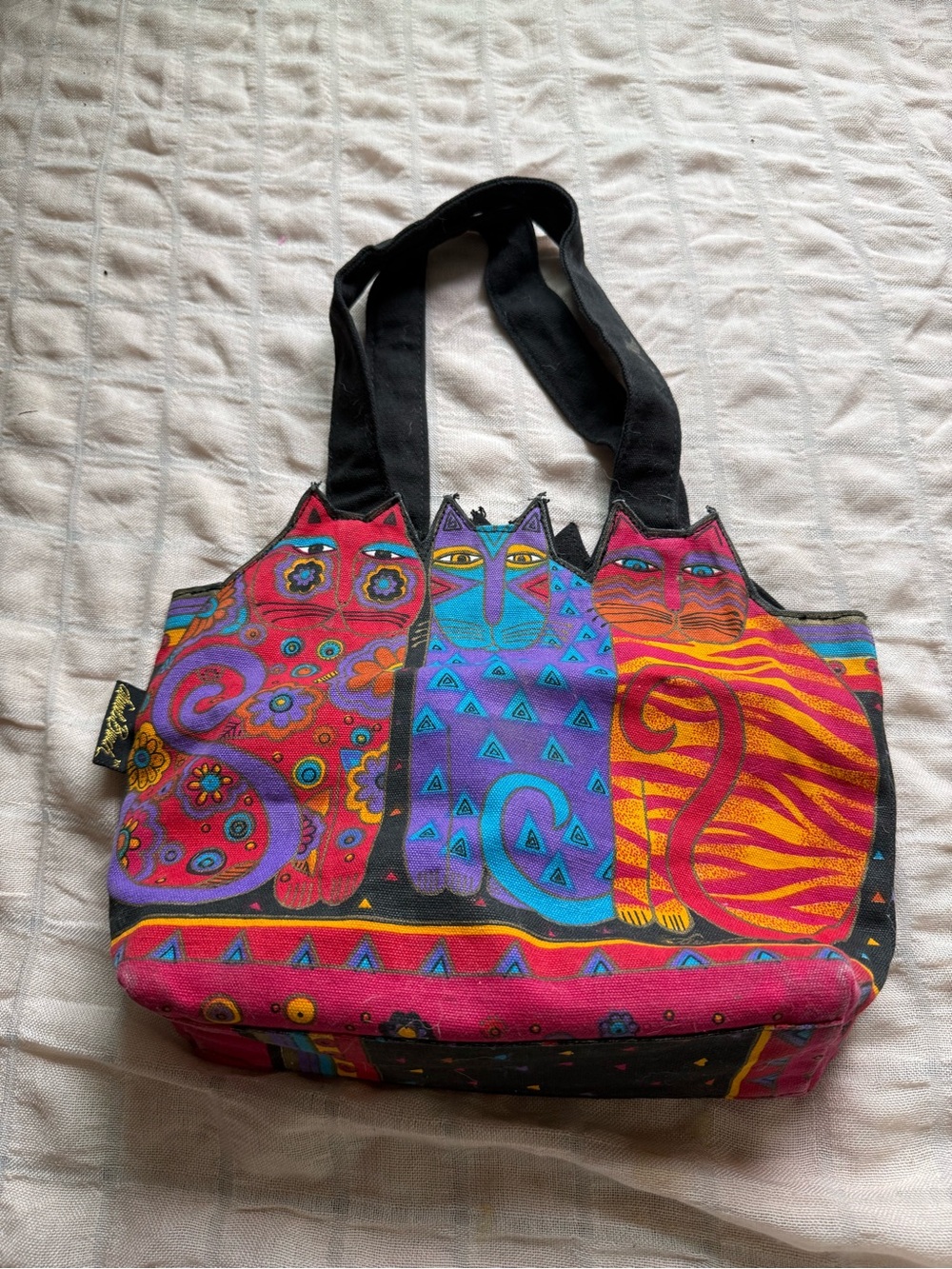 Laurel Burch Multicolor Cat Canvas Shoulder Bag - Red, Blue, Purple, Yellow